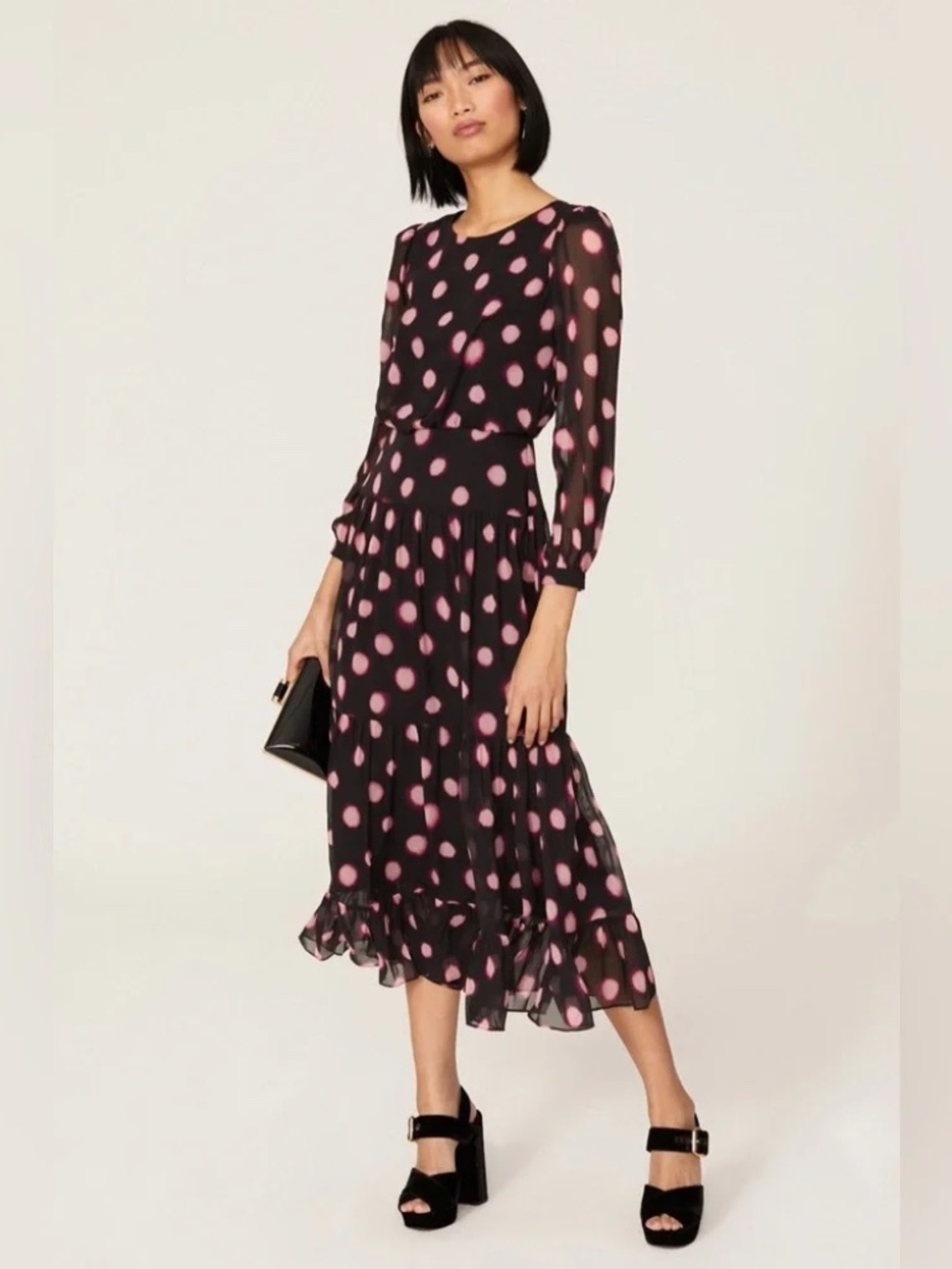 SALONI 70s 100% Silk Polka Dot Puff Long Sleeves Tiered Ruffle Midi Dress 12
